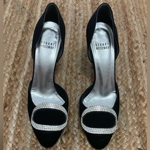 Stuart Weitzman Black d’Orsay Grosgrain Pump with Rhinestone Detail Size 6.5